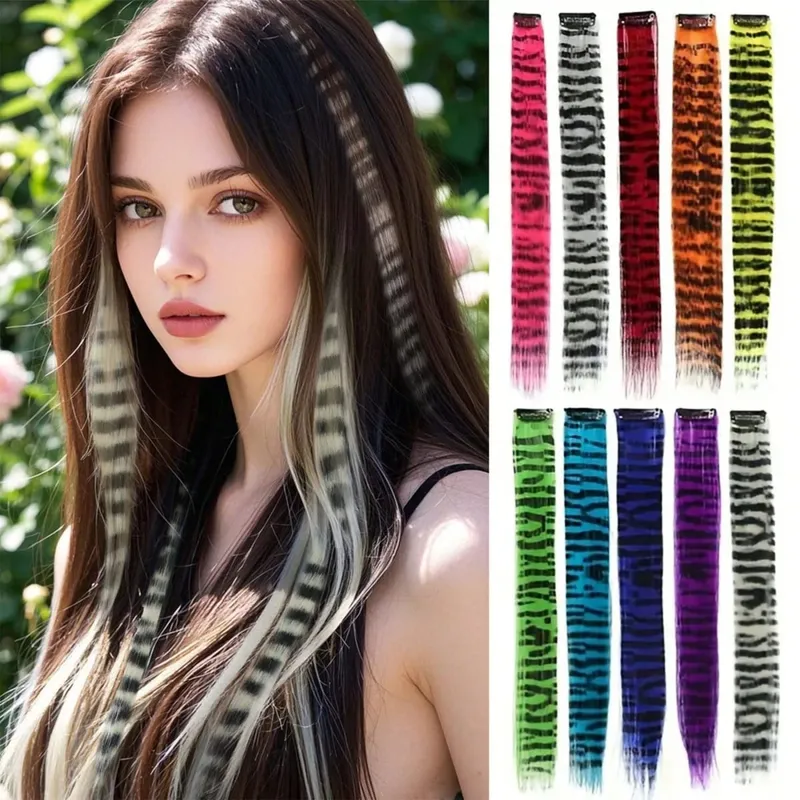 1pc/2pcs/3pcs/4pcs/6pcs/8pcs18" Long Straight Zebra Print Synthetic Feather clip in Hair Extensions Ideal Halloween Christmas