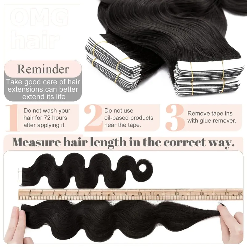 OMG Wavy Tape In Hair Extensions Human Hair 20Pcs 50G/Pack Natural Black Remy Seamless Skin Weft Invisible Double Sided Body Wave Human Hair Tape In Extensions For Women #1B Natural Black