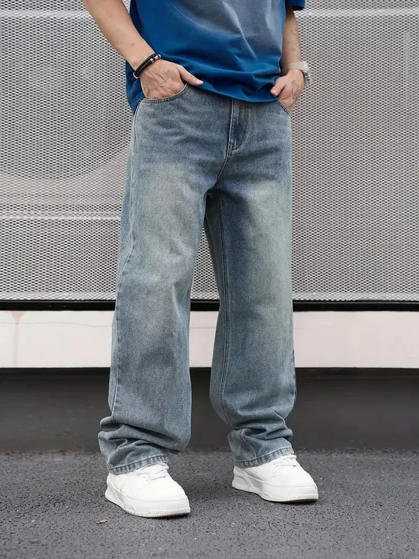 Men'S Casual Straight Wash Jeans - Light Blue Loose Fit Oblique Pocket Comfortable Blend Suitable For Casual Wear