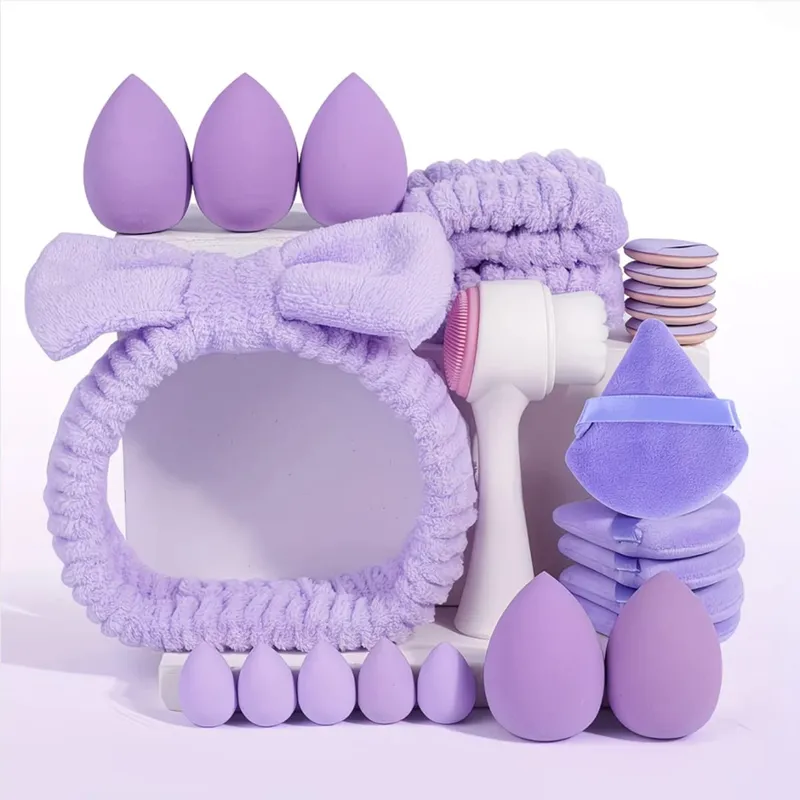 24-pirasong Beauty and Skincare Set: Panghugas ng mukha na headband wristband makeup sponge powder puff at cleansing brush full set