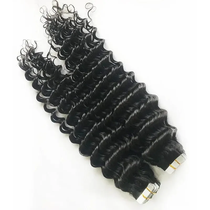 Deep Curly Tape in Human Hair Extensions Curly Wave Brazilské lepidlo na lidské vlasy Remy Hair Kůže Weft Bezešvá neviditelná páska In