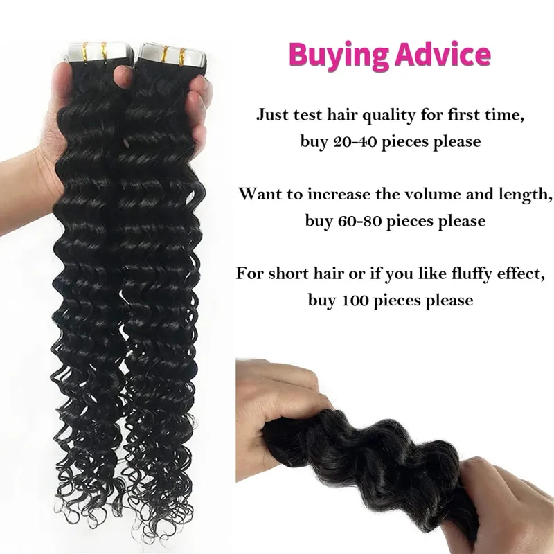 Tape In Hair Extensions Human Hair Deep Curly Tape Ins 20Pcs 50G/Pack Seamless Deep Wave Tape In Human Hair Extensions For Women