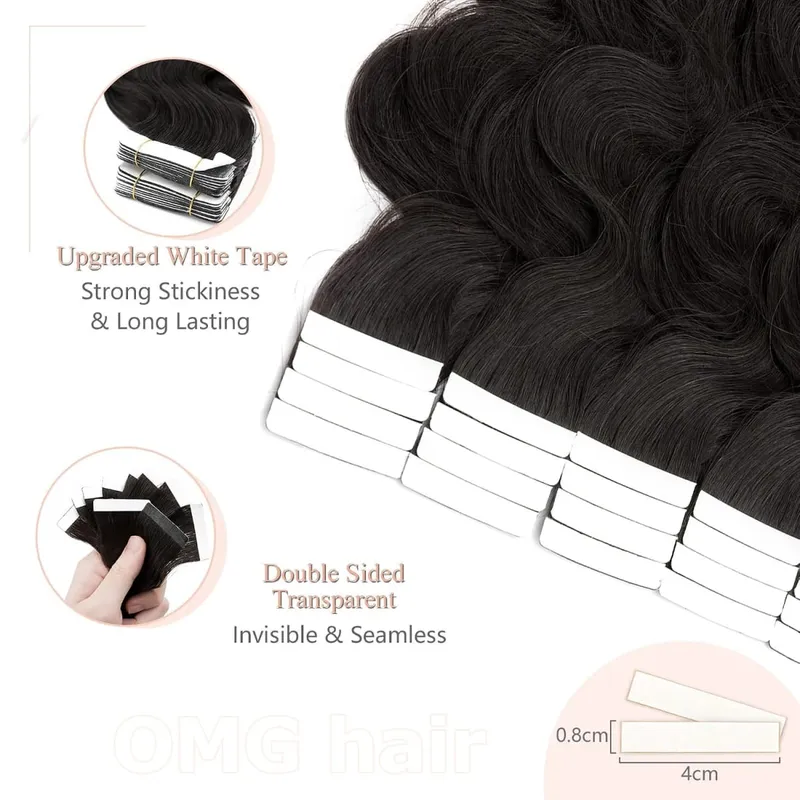 OMG Wavy Tape In Hair Extensions Human Hair 20Pcs 50G/Pack Natural Black Remy Seamless Skin Weft Invisible Double Sided Body Wave Human Hair Tape In Extensions For Women #1B Natural Black