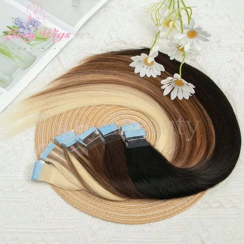 Highlights Brown Mini Tape in Human Hair Extensions Natural Black Blonde Double Side Invisible Seamless Mini Tape in Hair 10pcs