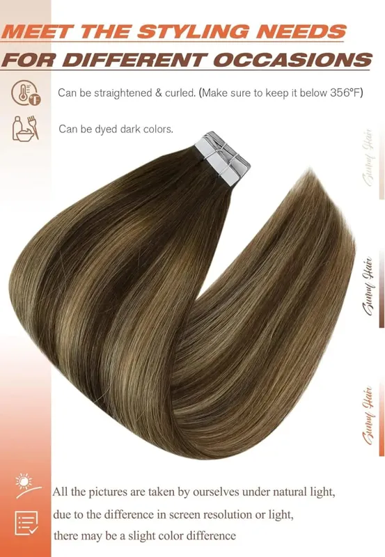 VeSunny Remy Tape In Hair Extensions 100% Brazilian human Natural Hair 12-24 inches 30&50G Balayage Color Seamless Tape Hair