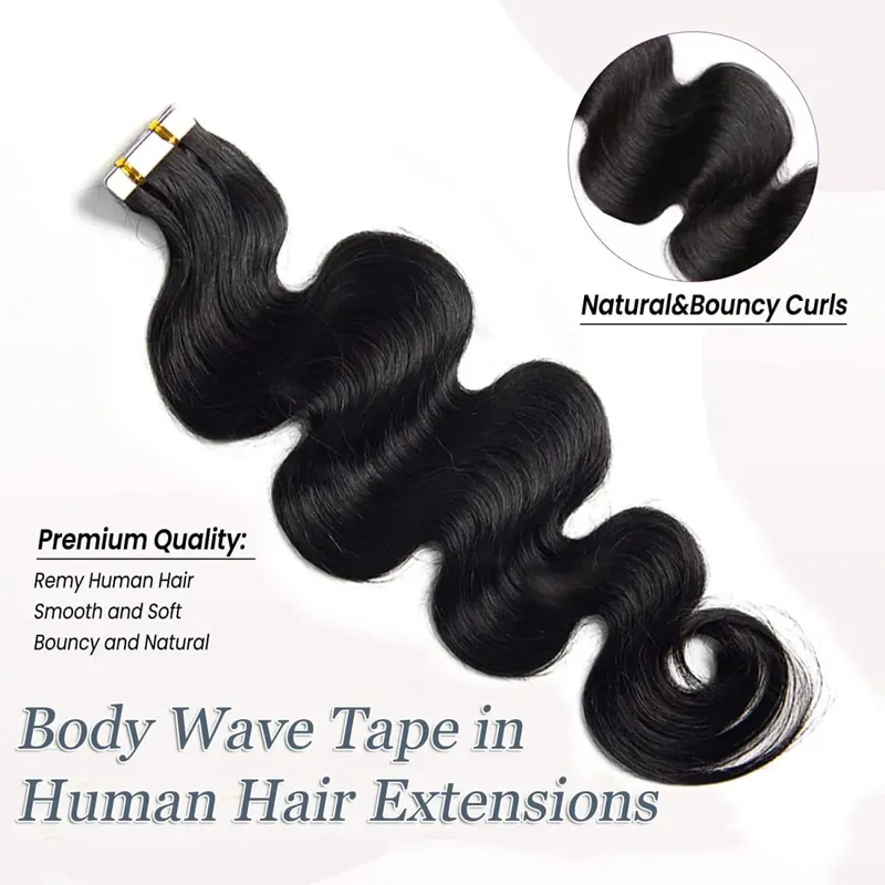 26 Inch Wavy Tape in Body Wave Tape in Hair Extensions 100% Human Hair Seamless Natural Black Hair Extension Full Head #1B