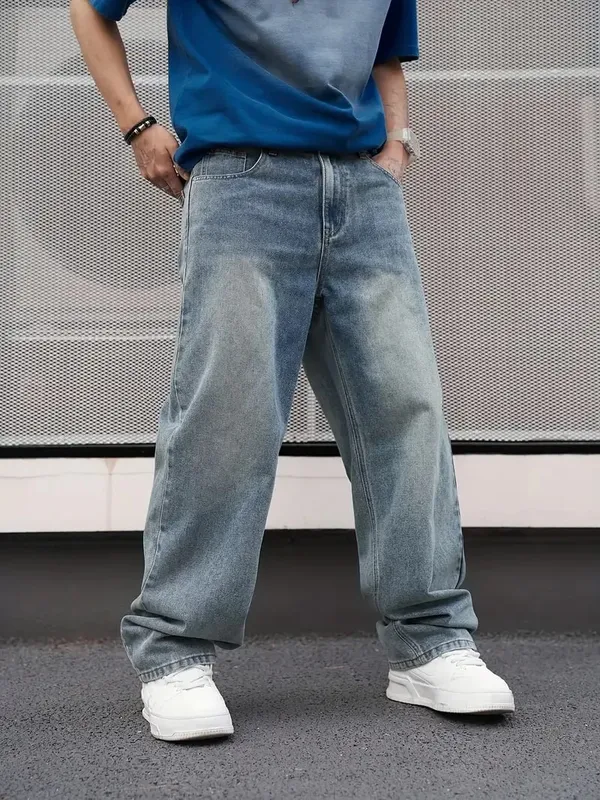 Men'S Casual Straight Wash Jeans - Light Blue Loose Fit Oblique Pocket Comfortable Blend Suitable For Casual Wear