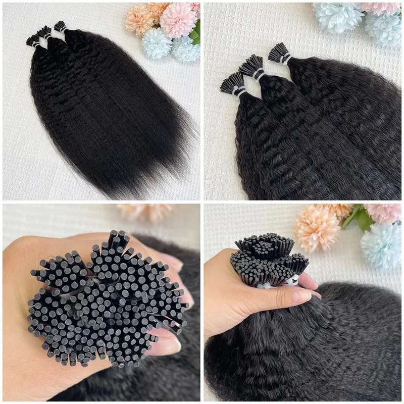 Yaki Lurus Microlink I Tip Ekstensi Rambut 12 "-20" Rambut Manusia Perawan Rambut Cincin Lingkaran Mikro Rambut Lurus Keriting untuk Wanita