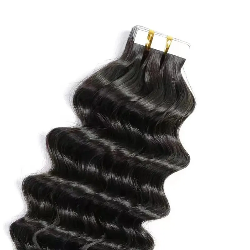 Tape In Hair Extensions Human Hair Deep Curly Tape Ins 20Pcs 50G/Pack Seamless Deep Wave Tape In Human Hair Extensions For Women