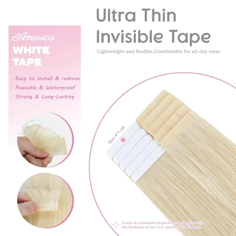Platinum Blonde Tape In Hair Extensions Human Hair #60 Color 20Pcs 40G Invisible Tape Ins Seamless Skin Weft Remy Hair Extension