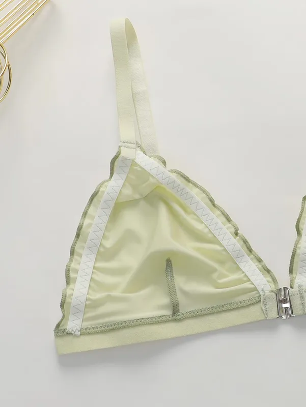 2Sets Women Satin Triangle Lingerie Set Wireless Front Closure Bra with Ruffle Trim Soft Comfortable Bra and Panty Set for Daily
