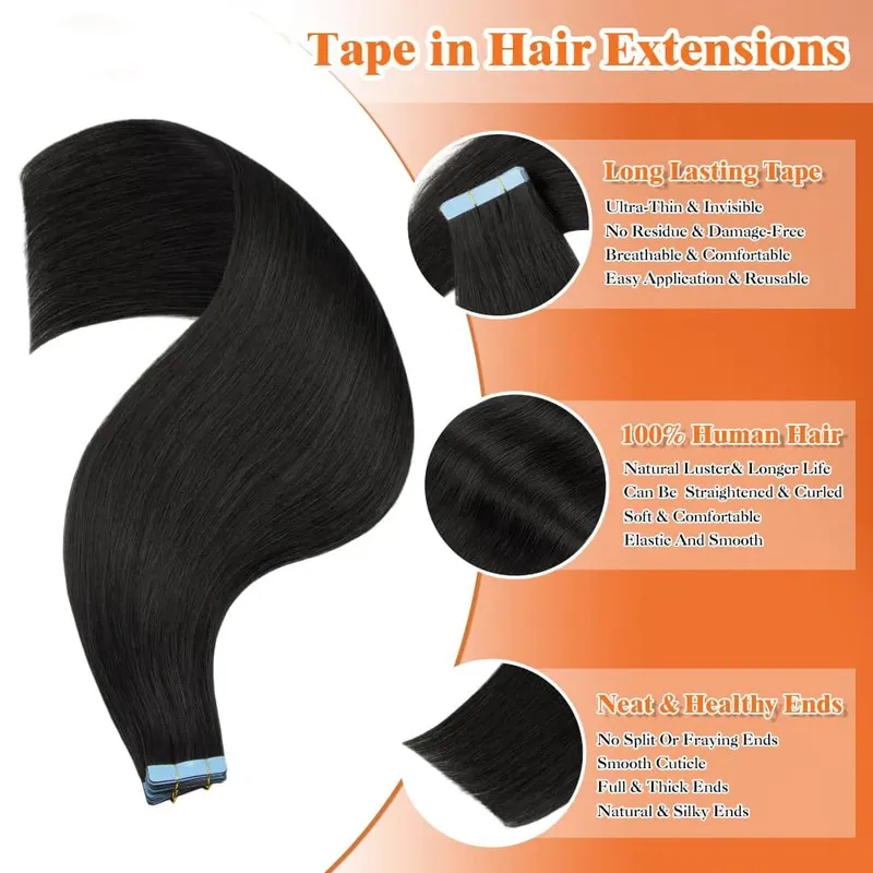100% Human Hair Tape in Extensions 16 Inch Black 20pcs 50g Invisible Seamless Skin Weft Straight Human Hair Extensions