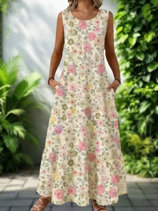 2026 New Women's Dress Fashion Floral Print New Sleeveless Design Dresses Summer Outdoor Beach Vacation Ankle Long Women's Dress