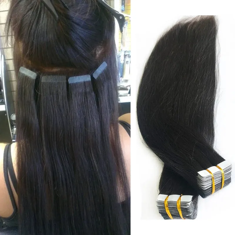 Straight Tape Ins Hair Extensions 50g Natural Black 100% Human Hair Tape In Invisible Glue Seamless Full Head Adhesive 26 Inches