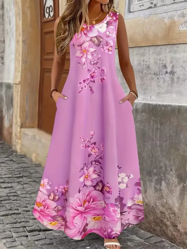 2026 New Women's Dress Fashion Floral Print New Sleeveless Design Dresses Summer Outdoor Beach Vacation Ankle Long Women's Dress