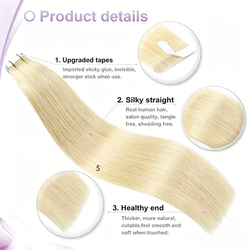 50g Straight Tape in Hair Extensions Human Hair 613 Color Bleach Blonde Seamless Skin Weft Tape in Real Human Hair Extension