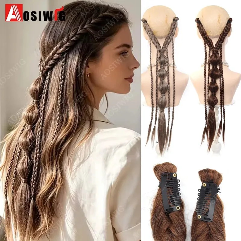 Elf Style Half Head Braided Hair Extensions Synthetic Clip In Braids Hairpiece Natural Black Dark Brown Fake Hair for Women Dail
