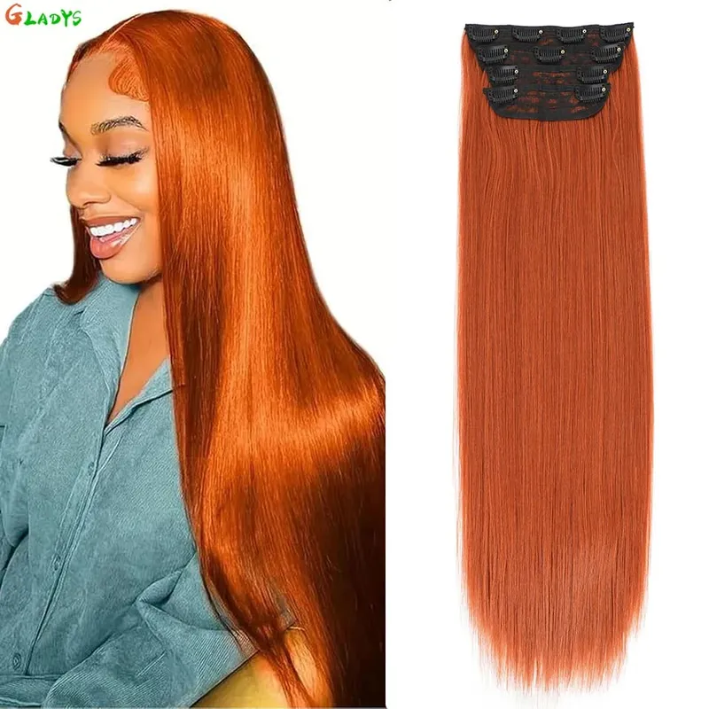200G/lot Orange 11 Clips Ins Hair Extensions 24 Inch 4Pcs/lot Straight Highlight Synthetic Hair Clip Ins Daily Use Hair Pieces