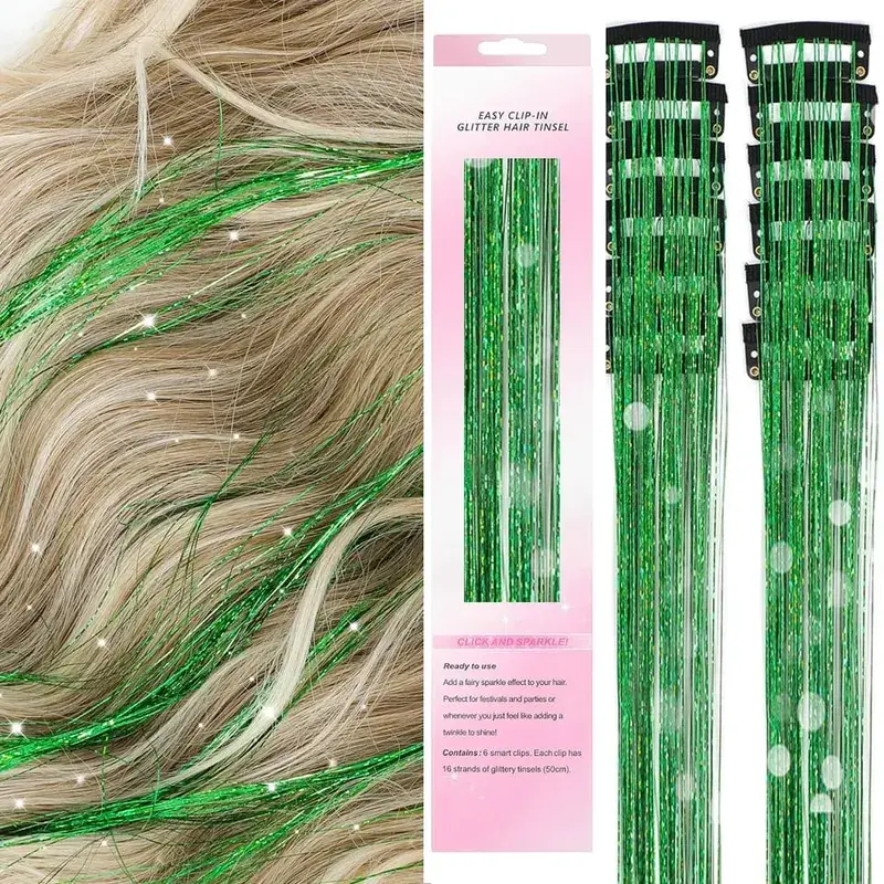12Pcs Hair Tinsel Clip In Fashion Glitter Tinsel Synthetic Straight Hair Extensions Tinsel Kit Shiny Hair Accessories For Women