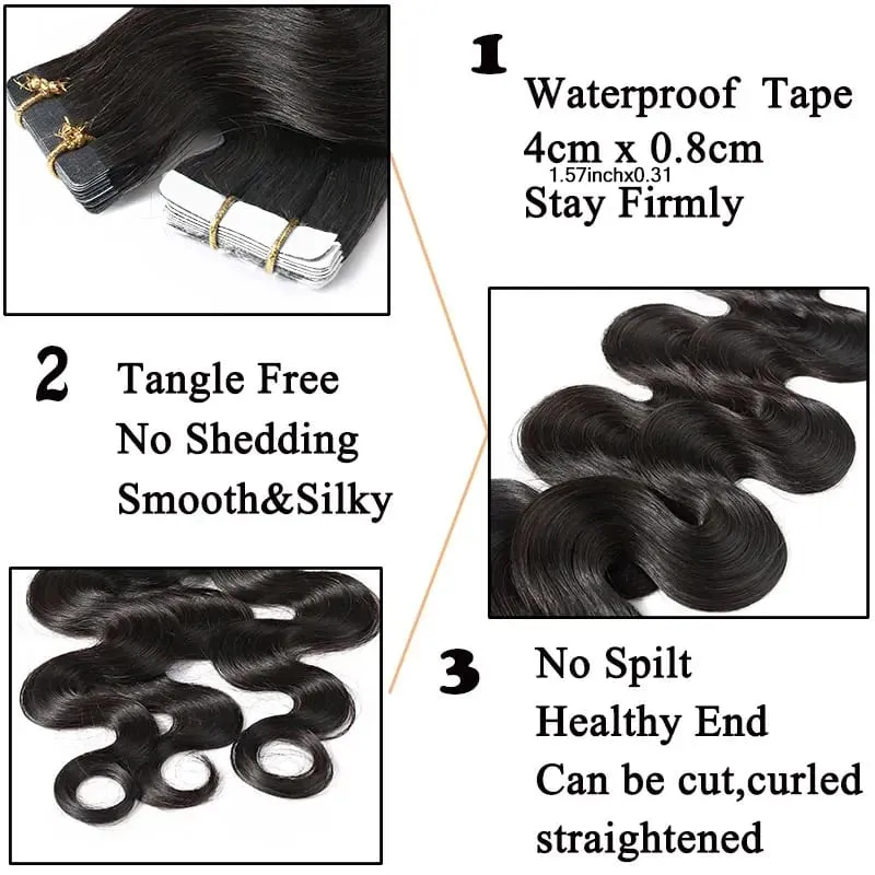 Body Wave Tape In Hair Extensions Extensions 100% Real Vietnamese Human Hair Natural Black Invisible Tape on For Woman 16-26inch