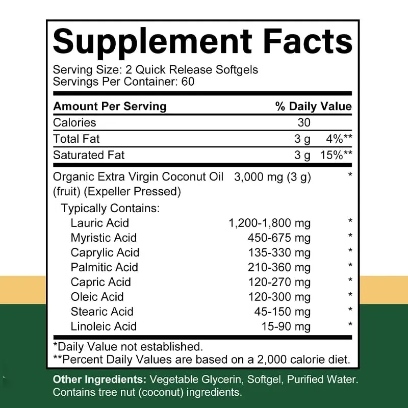 Extra Virgin Coconut Oil 3000mg 30/60/120 Softgels Expeller Pressed Supplement Support for Hair Nails & Skin Health Non-GMO