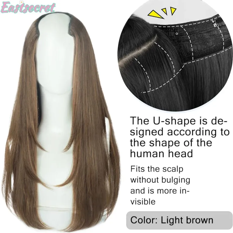Synthetic Long Straight U-Shaped Arrangement Half Head Wig for Women Black Brown Clips in Hair Extension Natural Fake Hairpieces — image 3