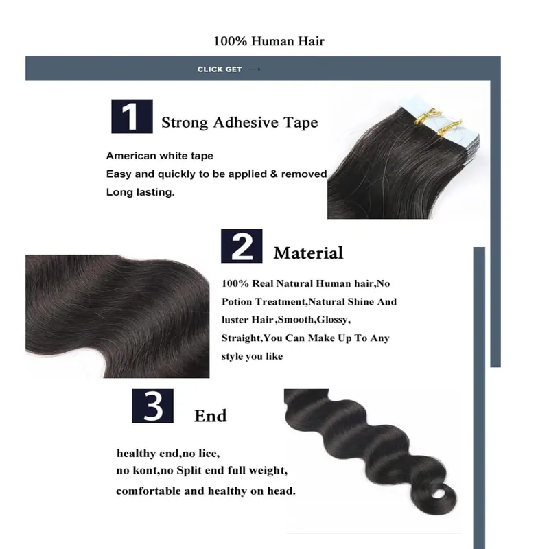 26 Inch Wavy Tape in Body Wave Tape in Hair Extensions 100% Human Hair Seamless Natural Black Hair Extension Full Head #1B