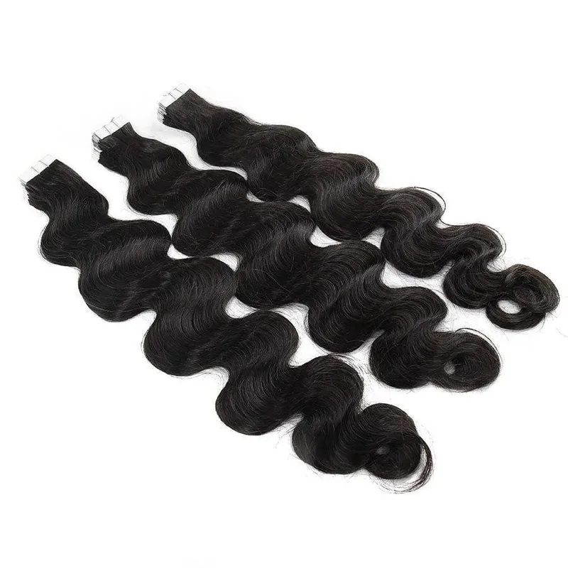 Tape In Hair Extensions Human Hair Body Wave Natural Black Real Human Hair Extensions Tape Ins 20Pcs/Pack Double Sided Tape Hair