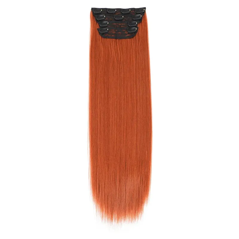 200G/lot Orange 11 Clips Ins Hair Extensions 24 Inch 4Pcs/lot Straight Highlight Synthetic Hair Clip Ins Daily Use Hair Pieces