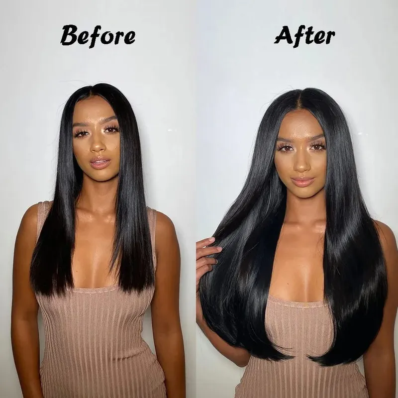 Cabelo longo e reto sintético, 5 clipes de extensão, clipes em fibra de alta temperatura, preto, marrom