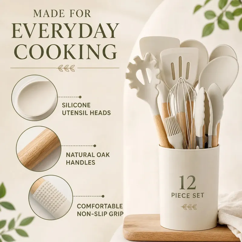 12PCS Silicone Kitchen Utensils Set with Holder - Nonstick Heat Resistant Wooden Handle Cooking Gadgets Set with Spatula Whisk Tongs & Spoon for Home Essentials