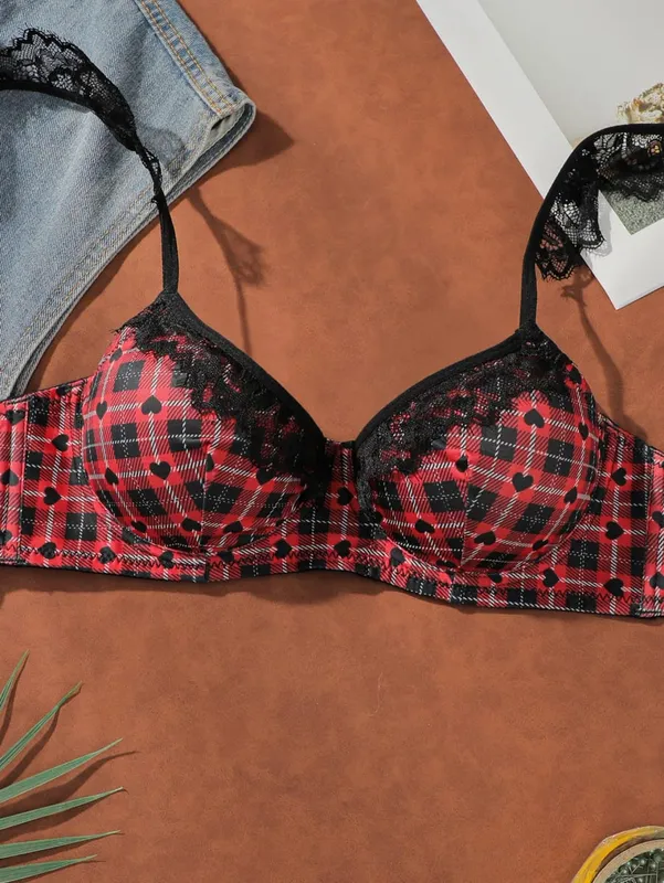 Christmas Red Plaid Lace Heart Push Up Bra Set Women Sexy Underwire No Padded Bralette & Panty Set