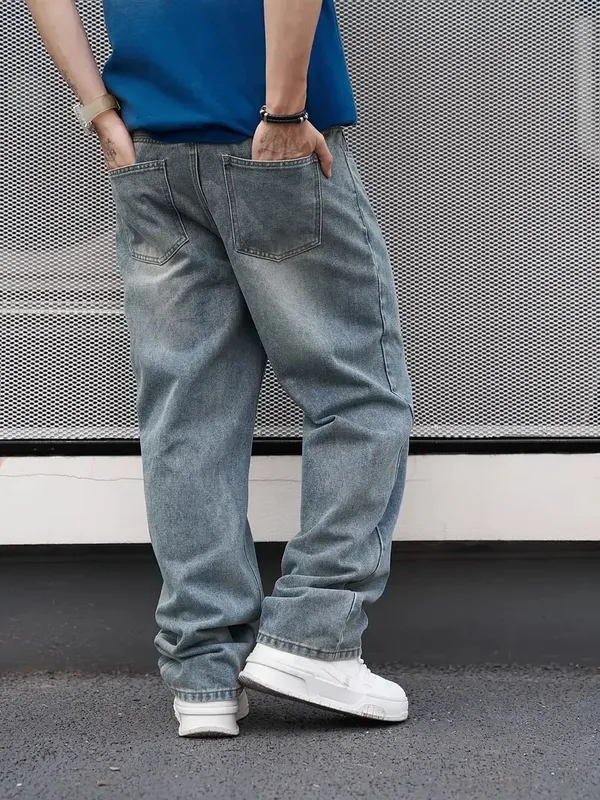 Men'S Casual Straight Wash Jeans - Light Blue Loose Fit Oblique Pocket Comfortable Blend Suitable For Casual Wear