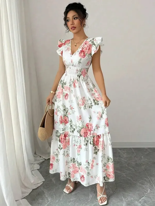 Pakaian Bercetak Bunga Romantik Wanita 2026 Fesyen Minimalis Skirt Elegan Kasual Musim Panas yang Sesuai untuk Wanita