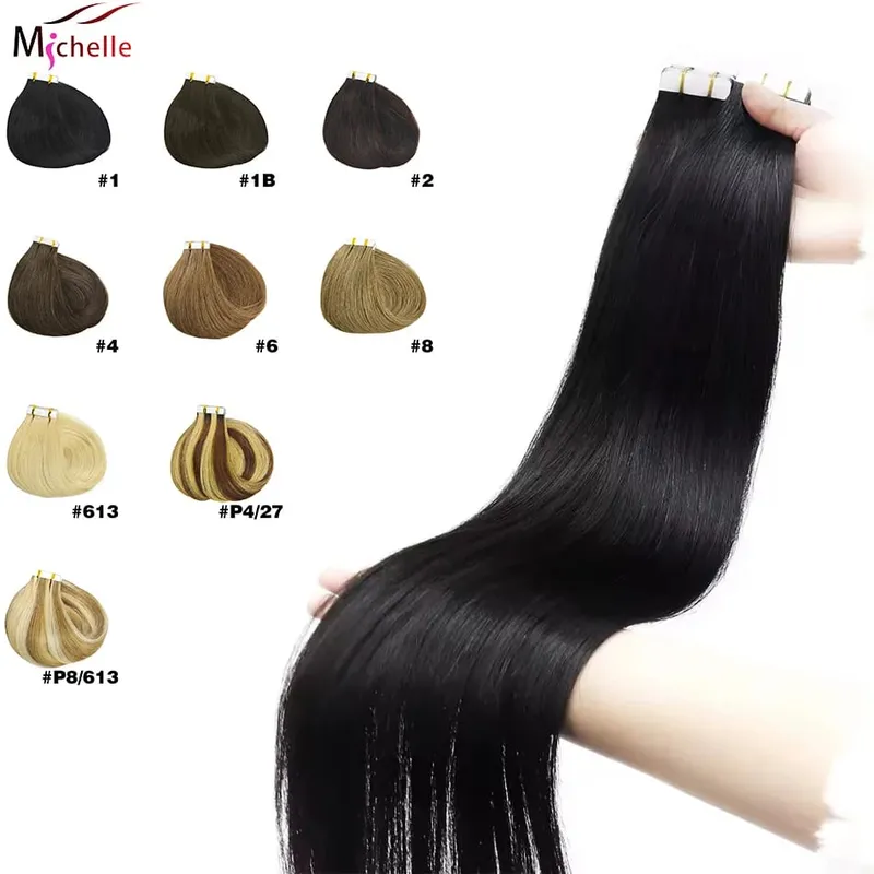 Straight Tape In Hair Extensions 20/40/60pcs Natural Black 100% Brazilian Human Hair Invisible Tape Ins Hair Extension For Women