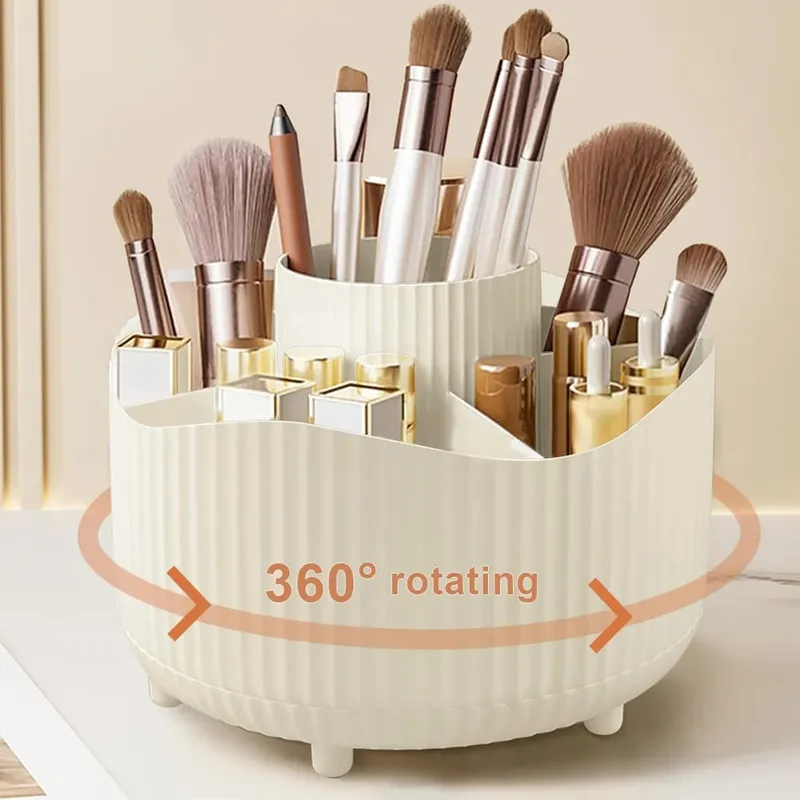 360° Rotating Makeup Organizer Makeup Holder Cosmetic Storage with 5 Compartments Multi-Functional Holder for Brushes Pen