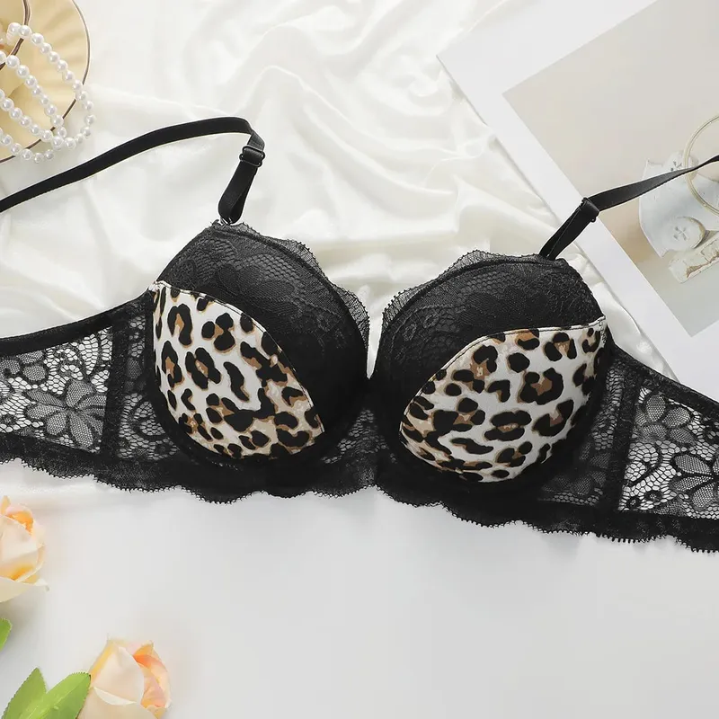 Sexy Lace Lingerie Set for Lady Push Up Bra with Steel Ring Leopard Printed Underwear Panty Fashion Brassiere — image 3
