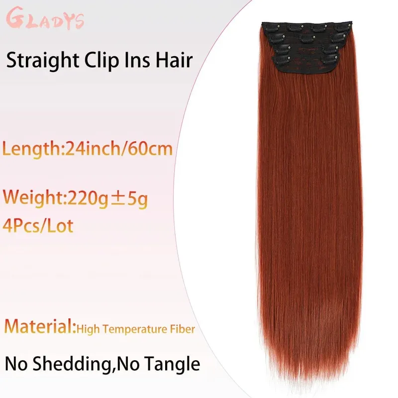 Straight High Temperature Fiber 11 Clips Ins Hair Extensions 24 Inch Orange Brown Synthetic Hair Daily Use Hair Pieces For Women