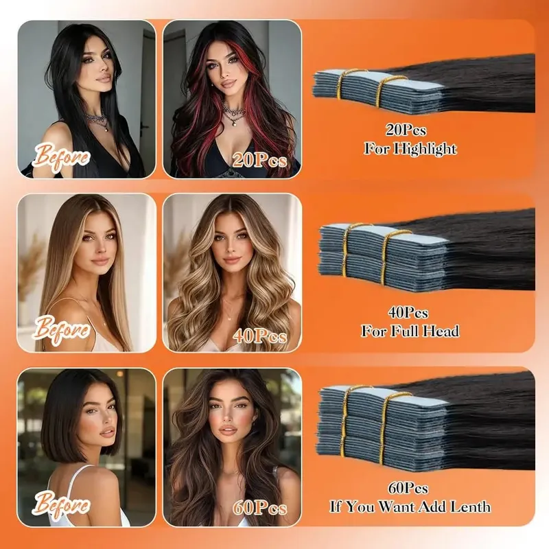 100% Human Hair Tape in Extensions 16 Inch Black 20pcs 50g Invisible Seamless Skin Weft Straight Human Hair Extensions