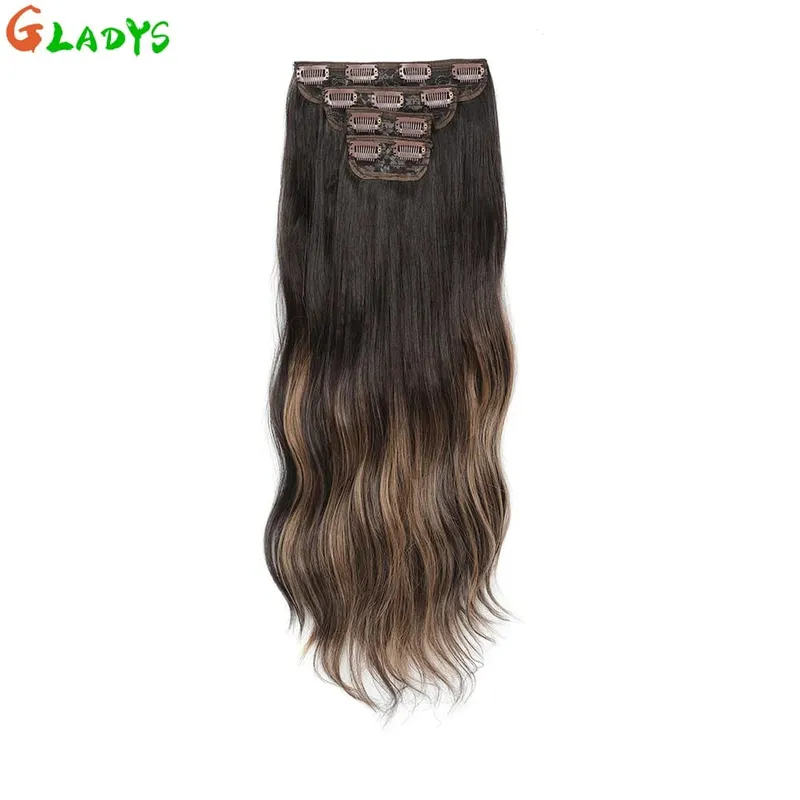 Ombre Clip Ins Synthetic Hair Extensions High Temperature Fiber Body Wave Brown 11 Clip Ins Daily Use Hair Piece Extensions