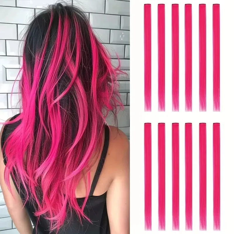 12pcs Colorful Bright Pink Hair Extensions Clip in Colored Party Highlights Extension Synthetic Hairpieces Straight for Women