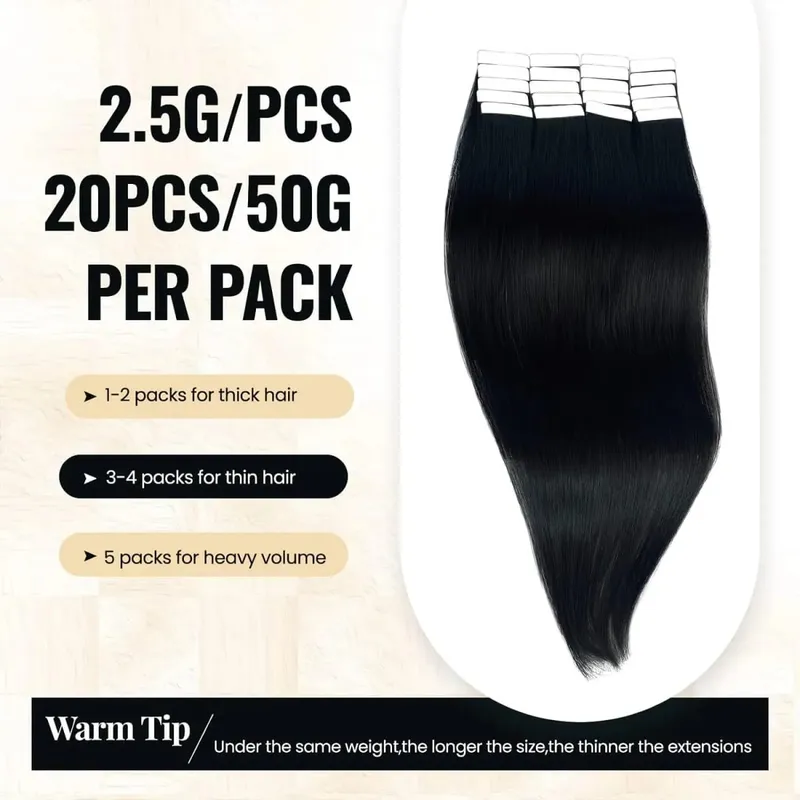 26 Inch Straight Tape In Hair Extensions 20pcs/50g Natural Black Remy 100% Human Hair Tape Ins Adhesive Invisible Glue Seamless