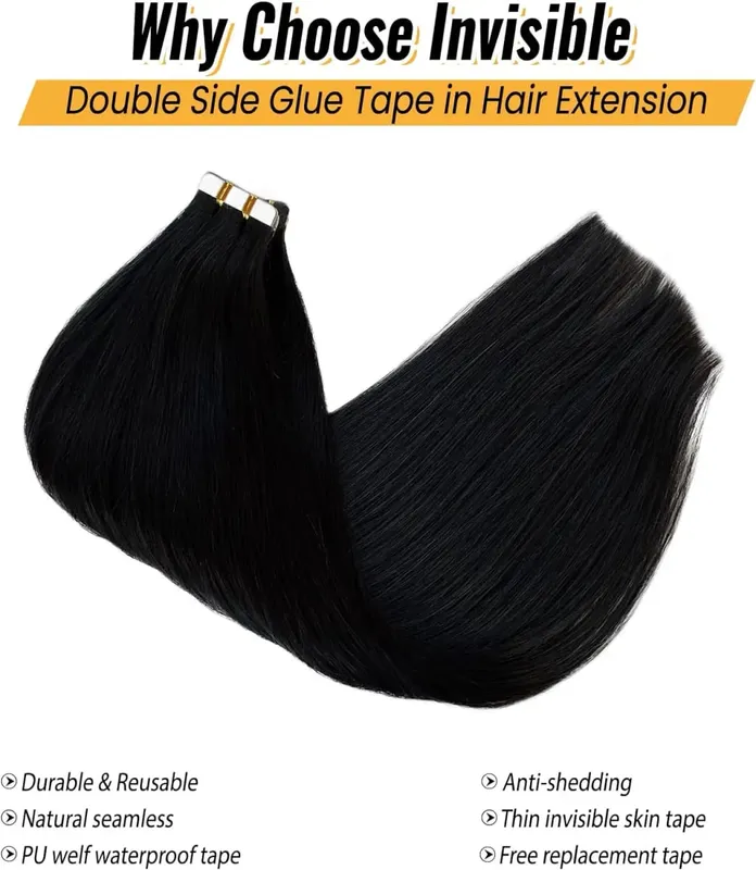 Straight Tape In Hair Extensions Adhesive Invisible Seamless 100% Human Hair 20pcs/50g Replaceable Glue Tape ins Natural Black