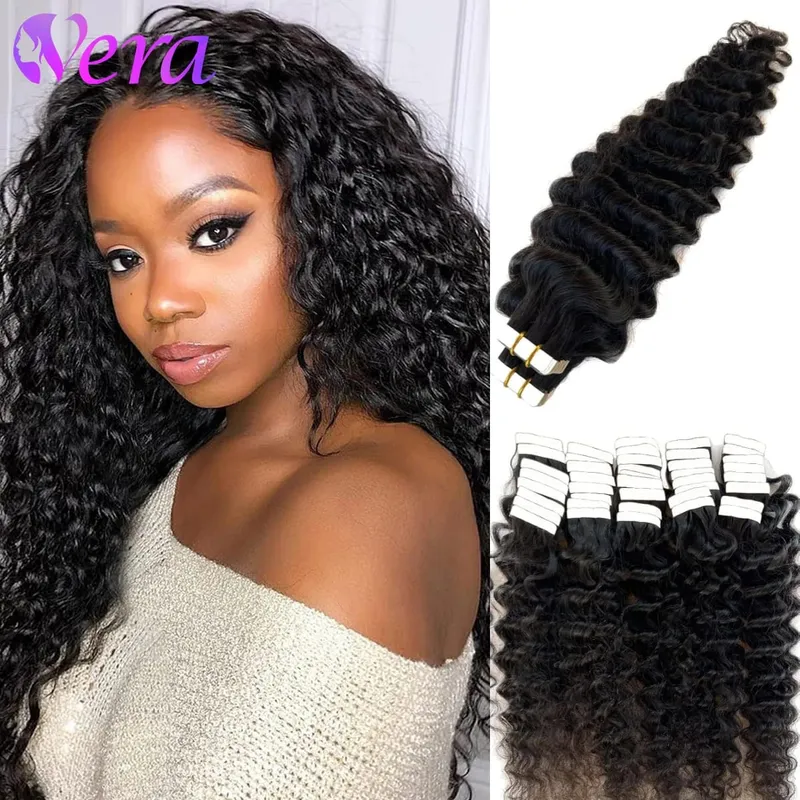 Deep Curly Tape in Human Hair Extensions Curly Wave Brazilské lepidlo na lidské vlasy Remy Hair Kůže Weft Bezešvá neviditelná páska In