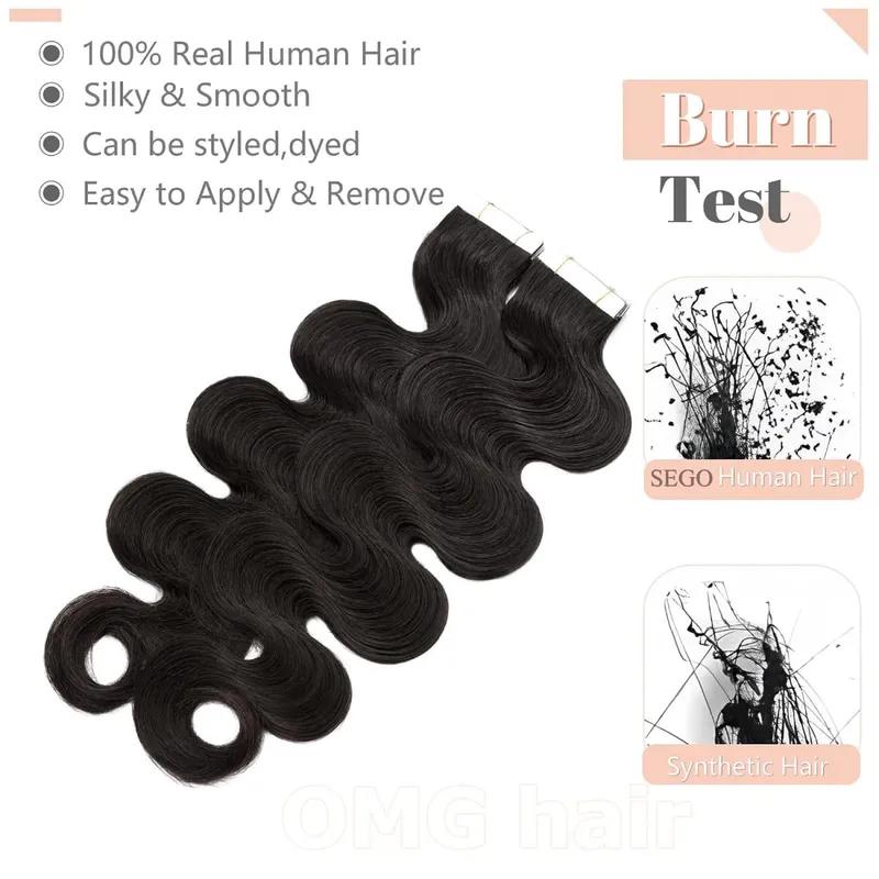 OMG Wavy Tape In Hair Extensions Human Hair 20Pcs 50G/Pack Natural Black Remy Seamless Skin Weft Invisible Double Sided Body Wave Human Hair Tape In Extensions For Women #1B Natural Black