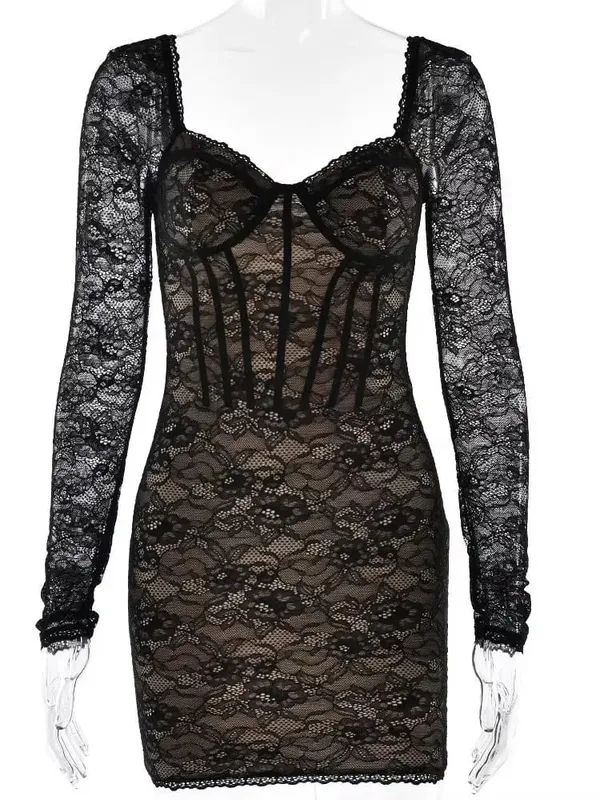 MO Autumn New Long Sleeve Stretch Lace Women Dress Black Low Chest Print Floral Skinny Elegant Party Evening Dress 2025