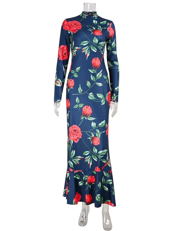 Ahagaga Fashion Women's Maxi Dresses Print Sexy Turtleneck Regular Long Sleeves Fishtail Autumn Sheath Bodycon Trend Vestidos