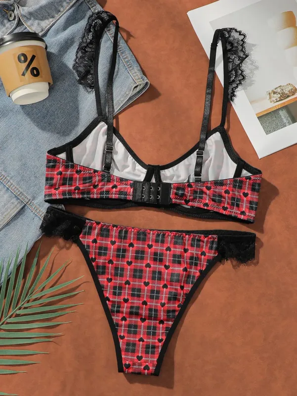 Christmas Red Plaid Lace Heart Push Up Bra Set Women Sexy Underwire No Padded Bralette & Panty Set