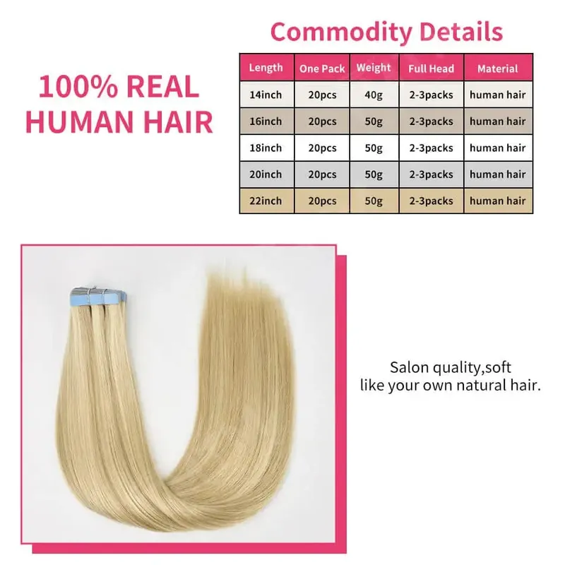 14-22 Inch Tape in Hair Extensions Human Hair 20 Pcs/pack Real Natural Brazilian Remy Hair Straight Seamless Skin Weft For Women