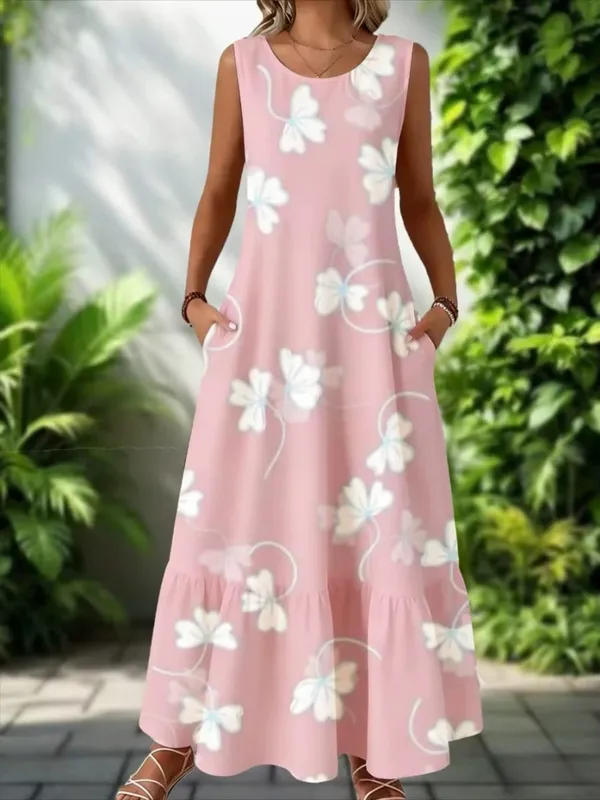 2026 New Women's Dress Fashion Floral Print New Sleeveless Design Dresses Summer Outdoor Beach Vacation Ankle Long Women's Dress